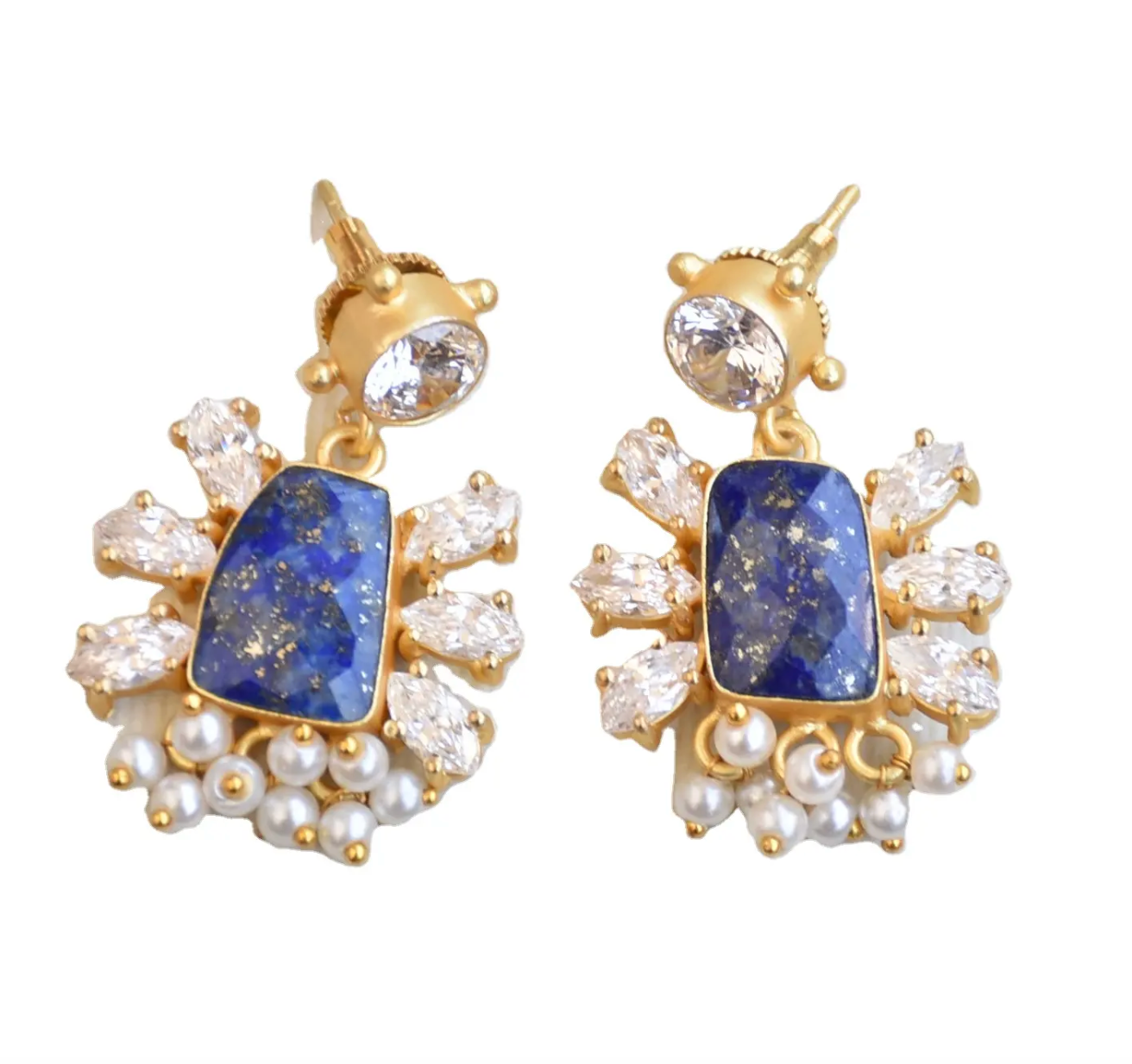 Earrings, gold, gold plated, brass, semi-precious stone, blue lapis, cubic zirconia, pearl