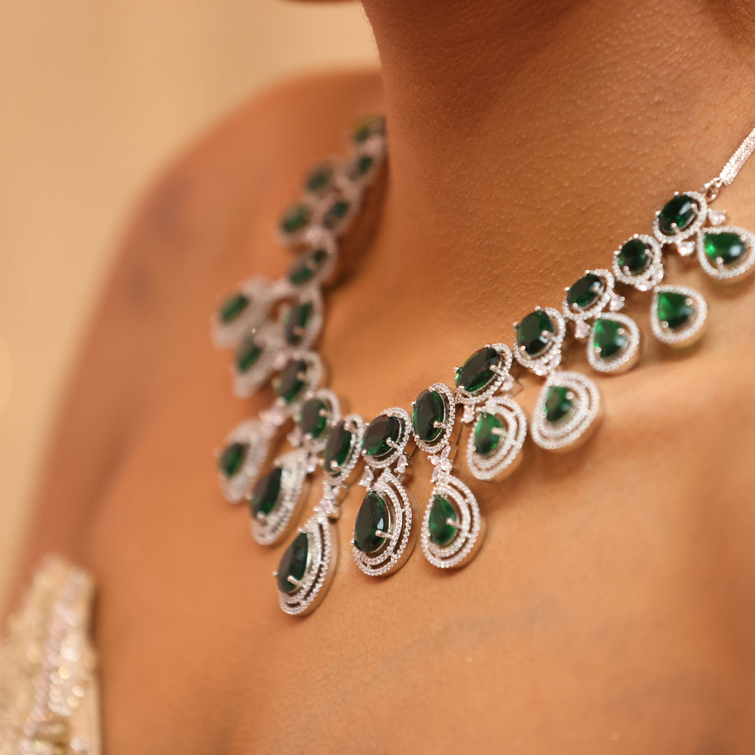 Asian jewellery Indian jewellery american diamond necklace set cubic zirconia emerald silver green earrings necklace