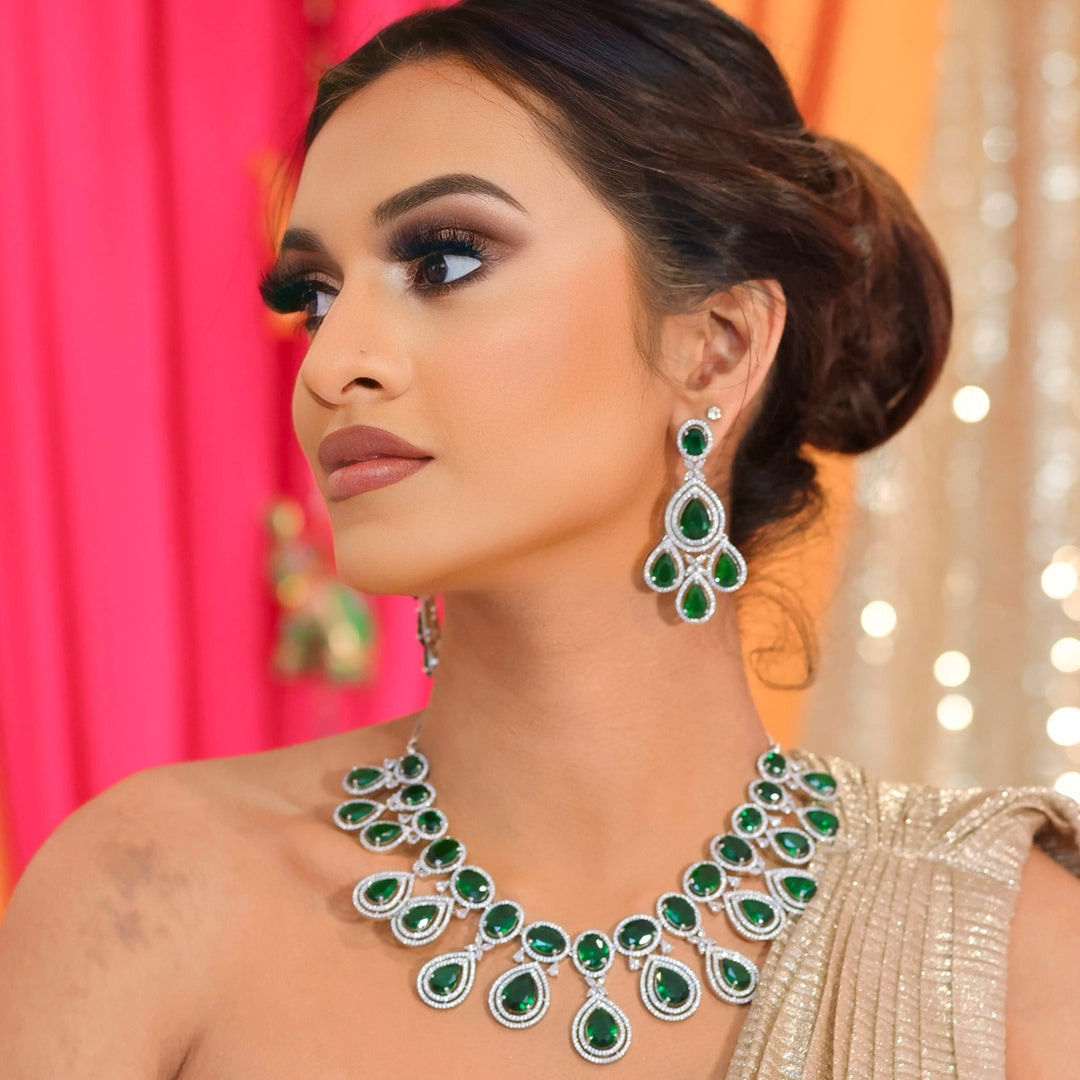 Asian jewellery Indian jewellery american diamond necklace set cubic zirconia emerald silver green earrings necklace