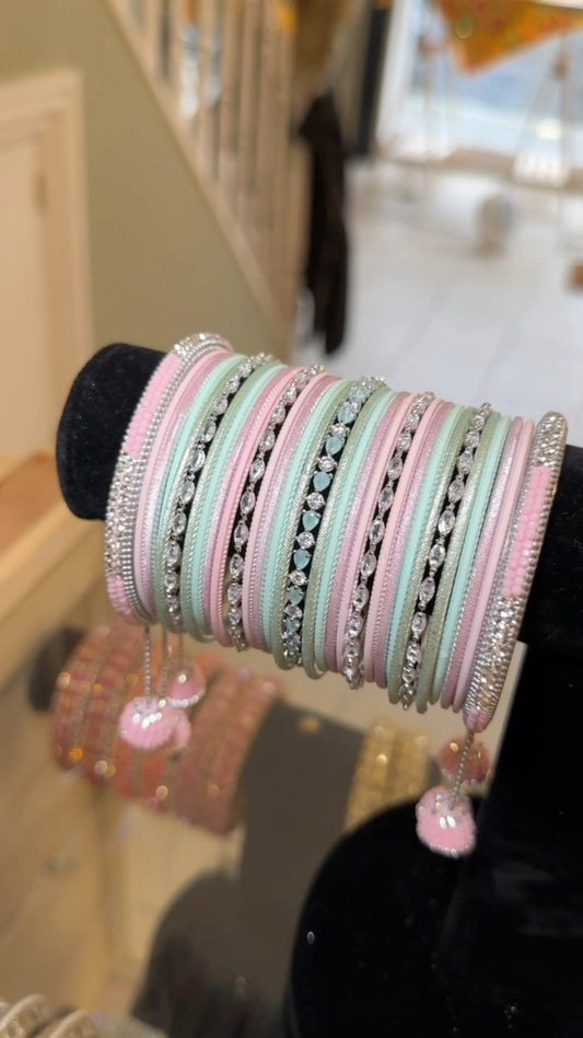 Indian Jewellery Asian Jewellery Bangles Bangle set Bangle Stack mint pink silver asian wedding indian wedding 