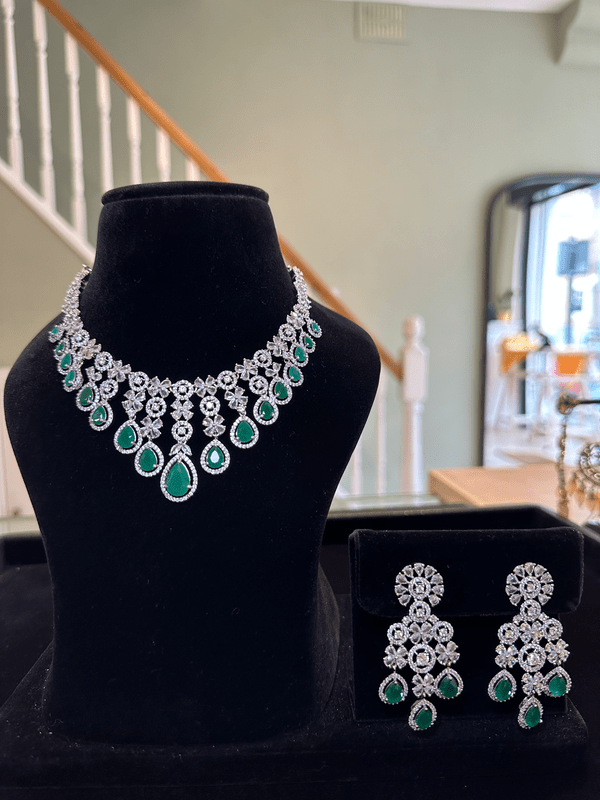 Asian Jewellery Indian Jewellery Asian Indian wedding jewellery necklace set American diamond silver cubic zirconia, CZ, emerald green